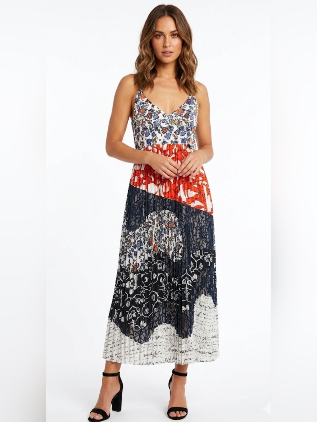 Maeve Floral Patchwork Maxi Dress In Navy, Red & White,Size 14.